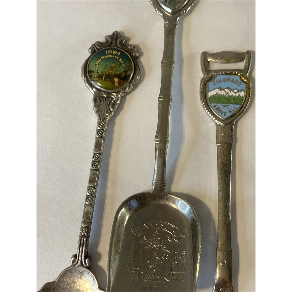 6 Souvenir Spoon Shovel style Enamel State Crest Embossed Bowl Vintage Travel